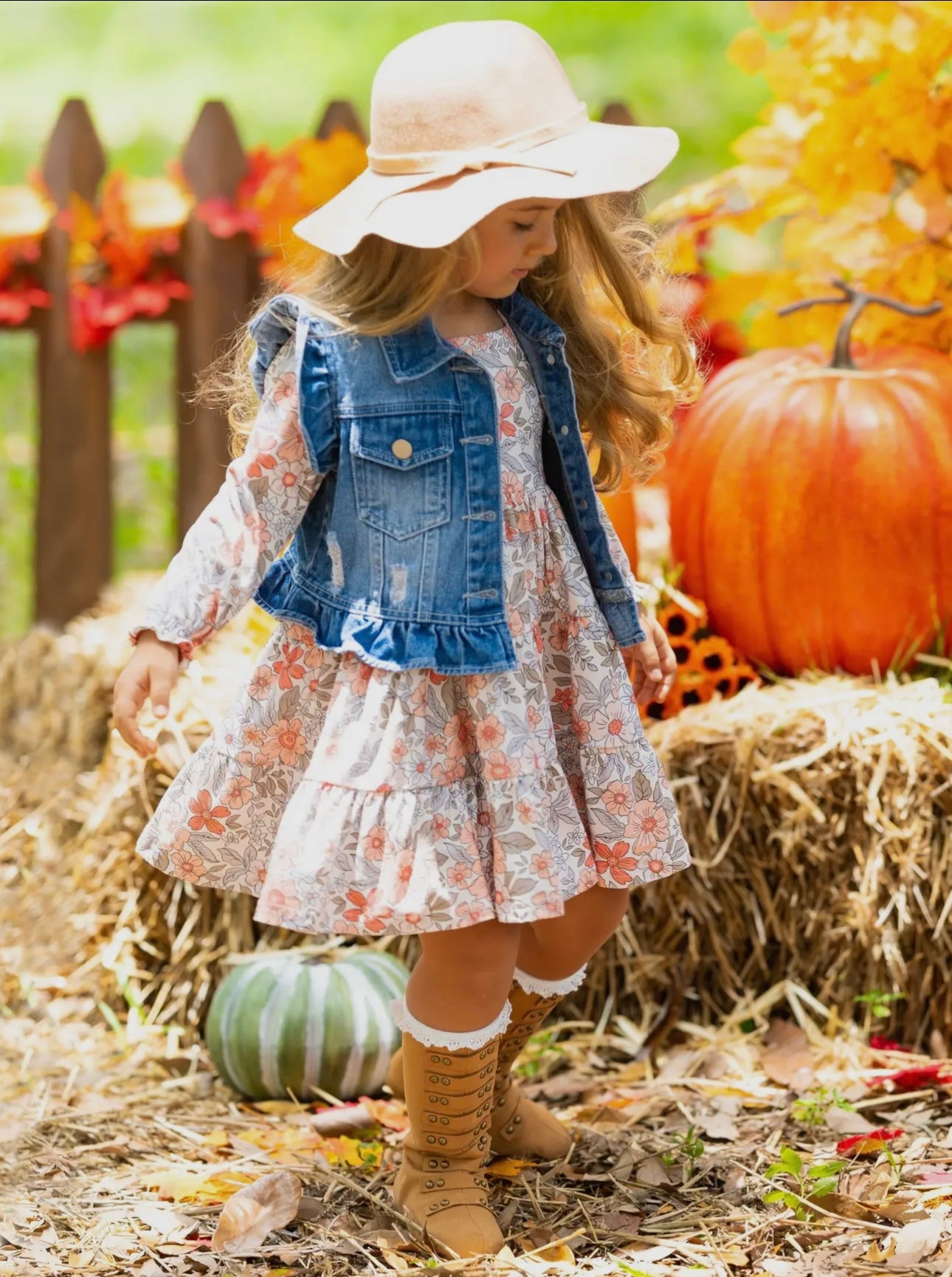 Long Sleeve Floral Dress w/ Ruffle Denim Vest