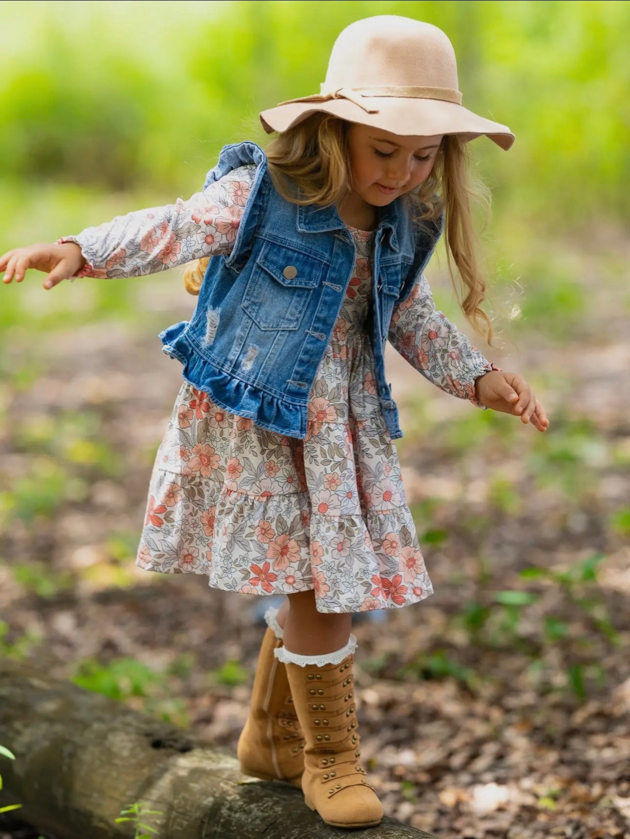 Long Sleeve Floral Dress w/ Ruffle Denim Vest