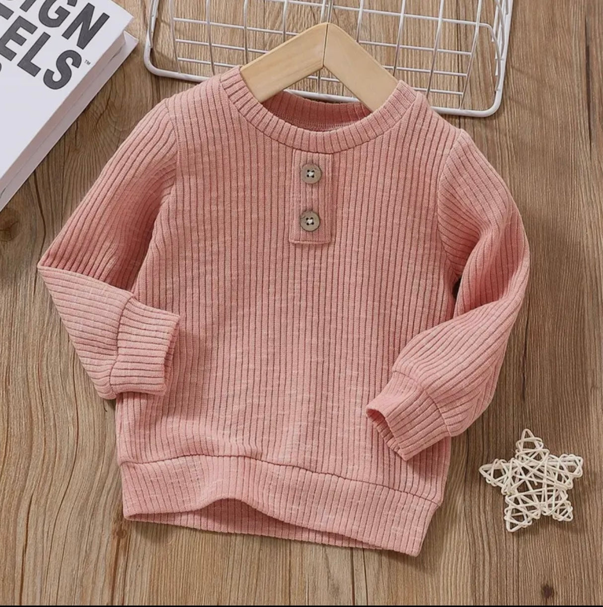 Button Solid Ribbed Long Sleeve Top- Pink