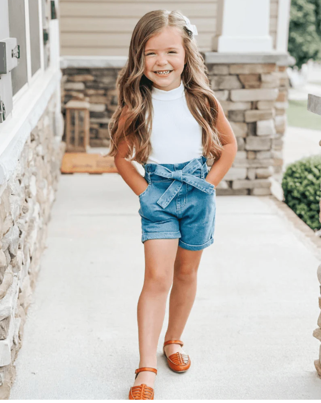 Harper Tie-Waist Denim Shorts- Blue