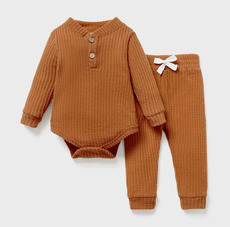 2 Pc Solid Waffle Long Sleeve Set-Brown