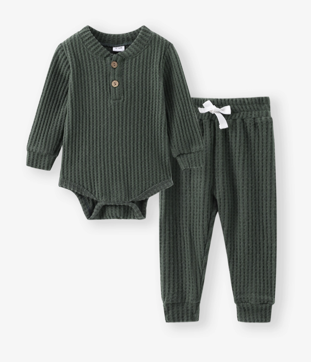 2 Pc Solid Waffle Long Sleeve Set-Dark Green