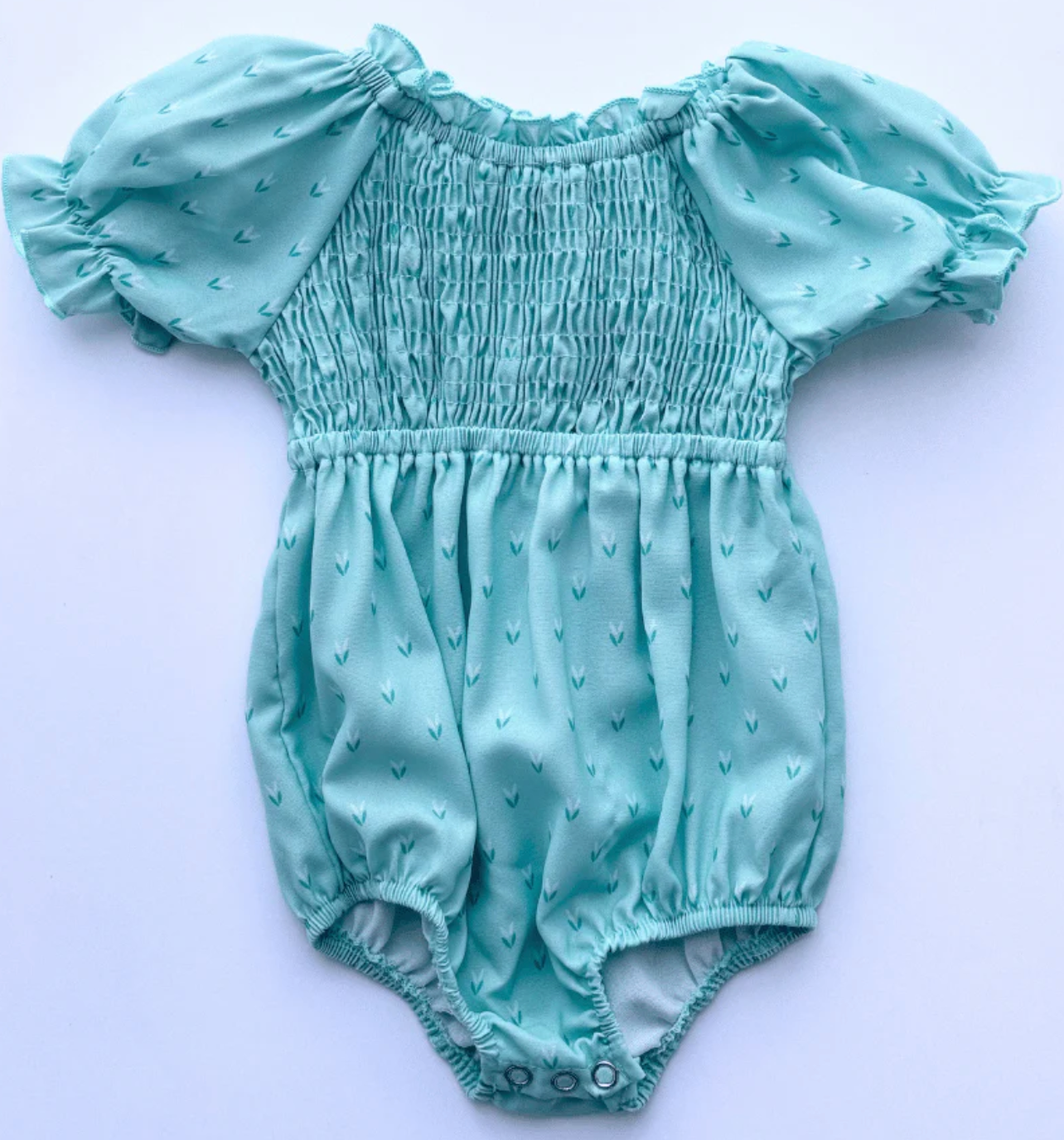 Jolie Puff Sleeve Smock Romper in Green Leaves