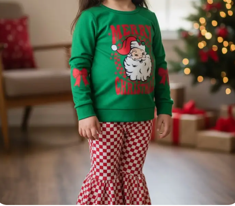 Santa Sweatshirt and Checker Bell Bottoms
