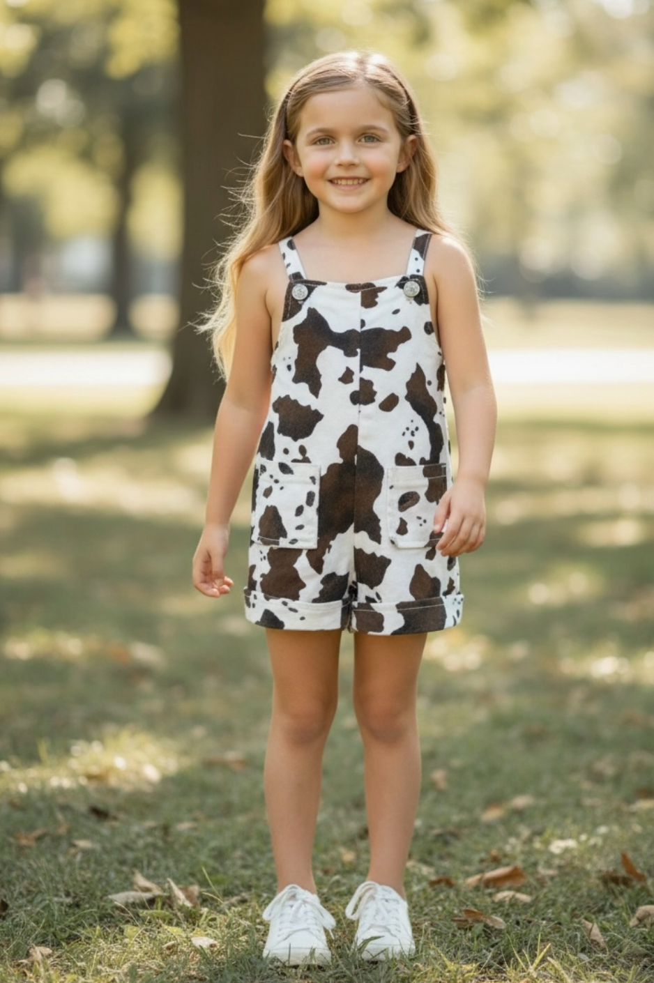 Cow printed denim overalls with front and back pockets