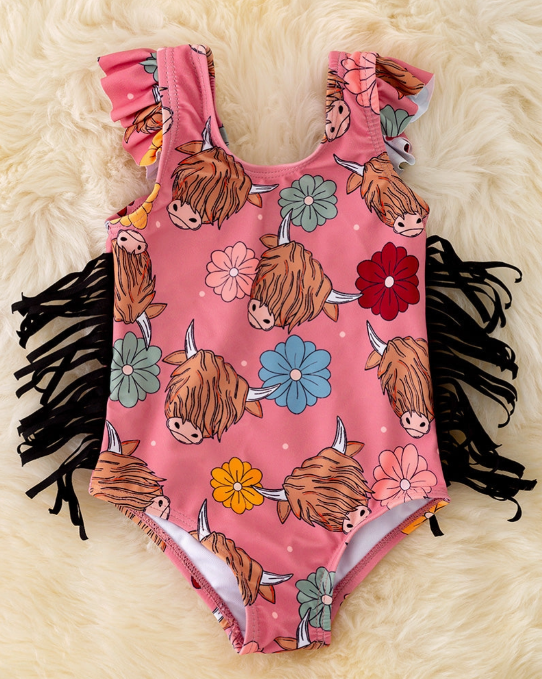 Highland cow printed swimsuit with side fringe