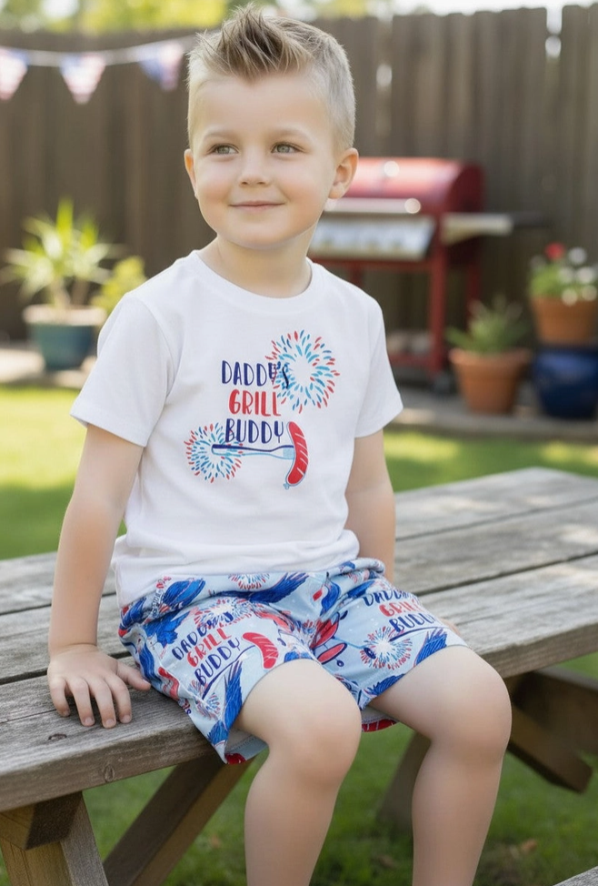 Daddy's Grill Buddy White T-Shirt & Blue Multi Printed Shorts