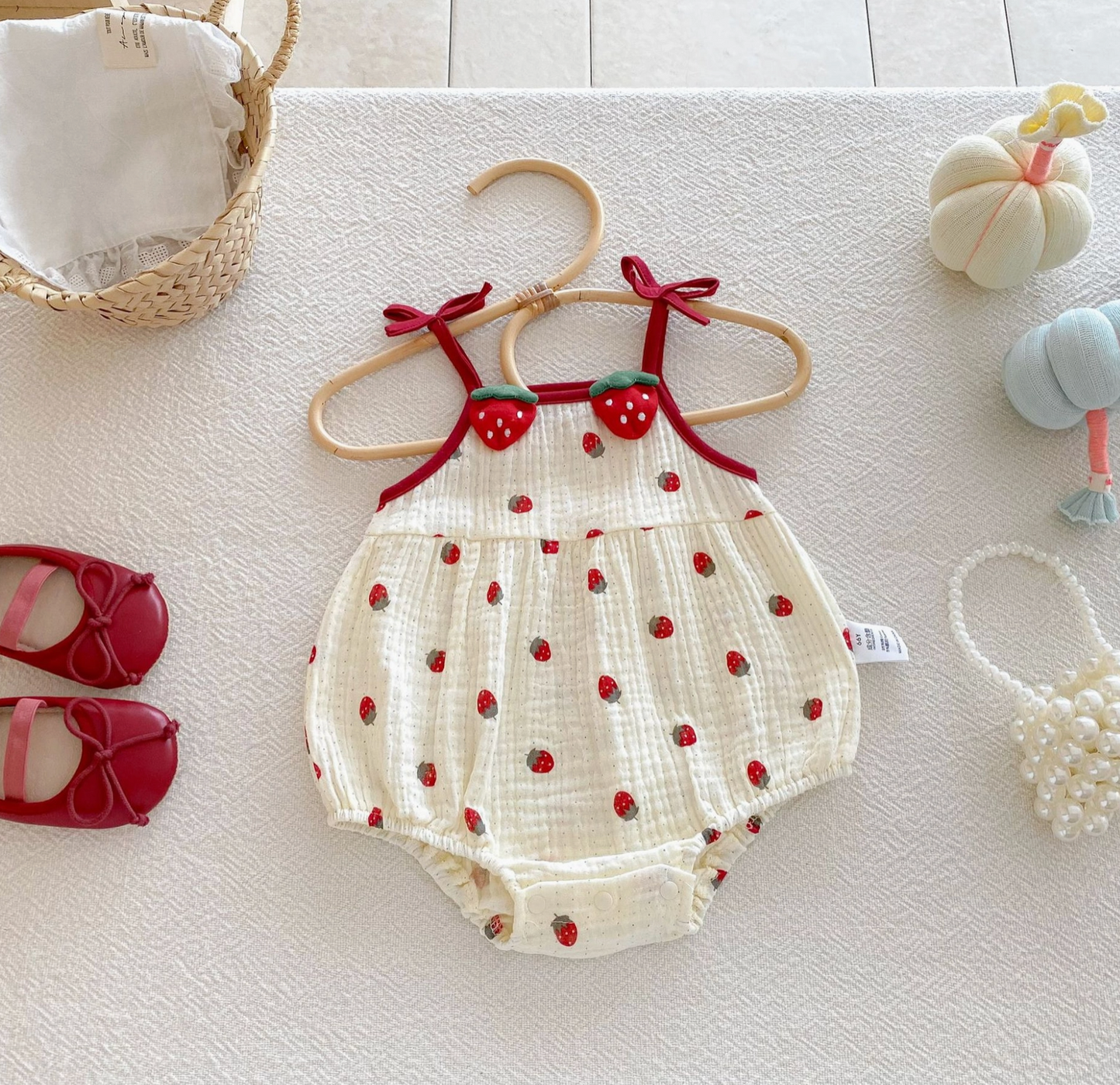 Baby Girls Strawberry Waffle Romper Red Bow Straps