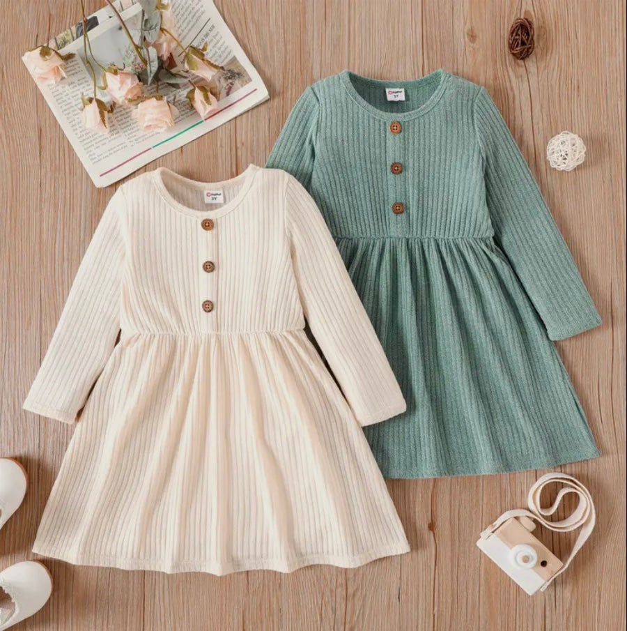 Green Button Ribbed Long-Sleeve Dress