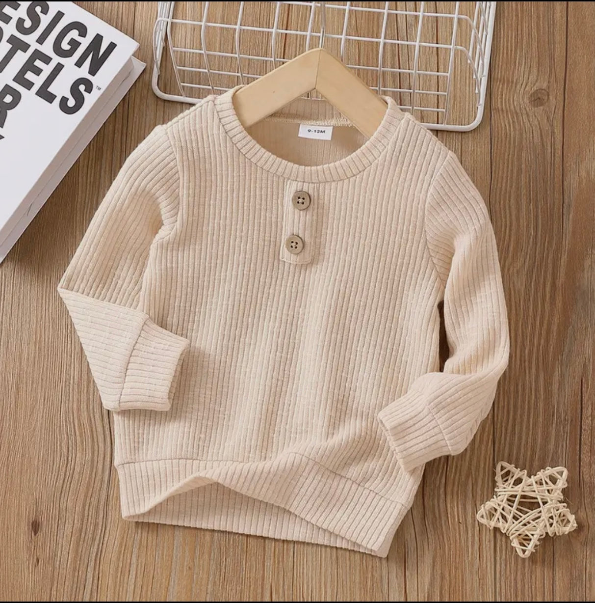 Button Solid Ribbed Long Sleeve Top- Apricot