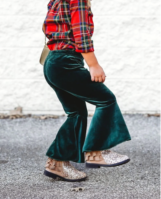Lina Pleated Velour Bell Bottoms - Hunter