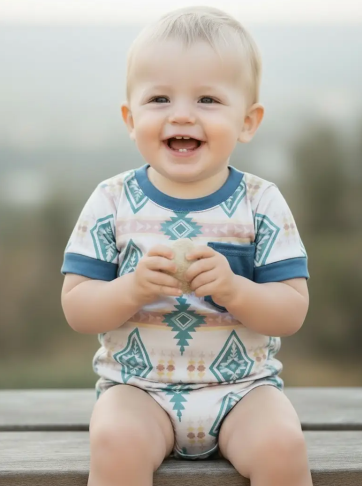 Boys Teal Aztec Printed Cream Button-Up Shirt and Shorts Set