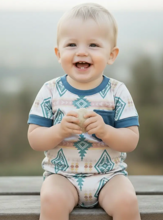 Boys Teal Aztec Printed Cream Button-Up Shirt and Shorts Set
