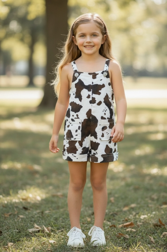 Cow printed denim overalls with front and back pockets