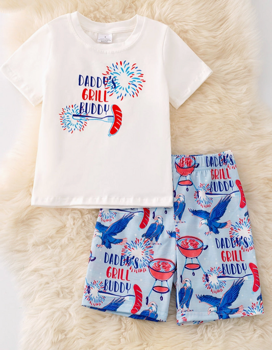 Daddy's Grill Buddy White T-Shirt & Blue Multi Printed Shorts