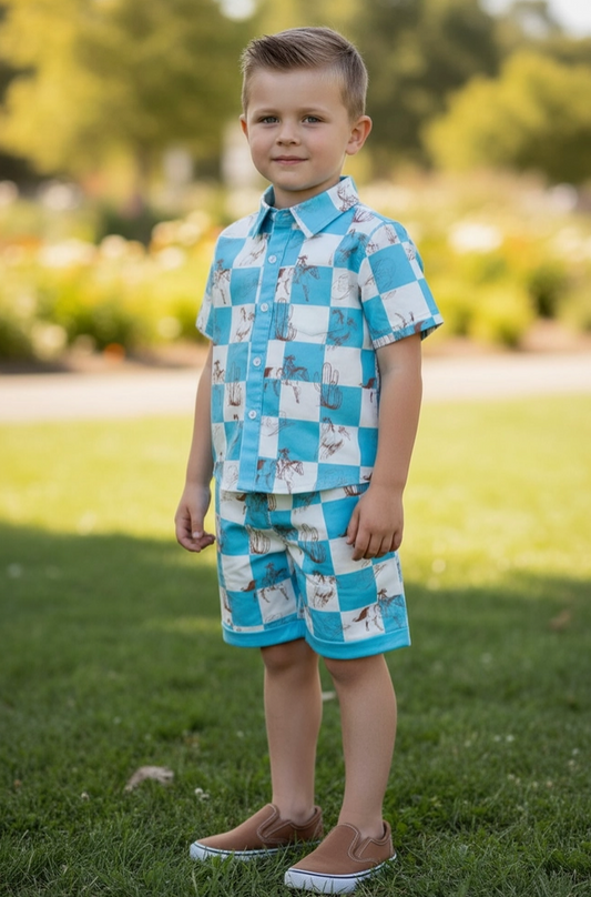 Blue & White Checkered Western Printed Boys Two Piece Set