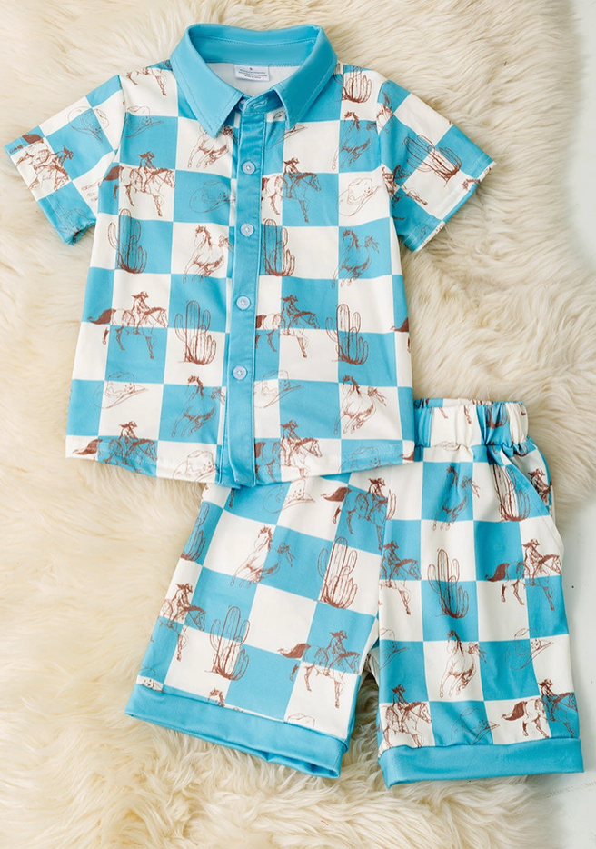 Blue & White Checkered Western Printed Boys Two Piece Set