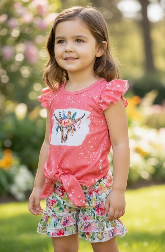 Cow Skull Coral Top with  Floral Shorts