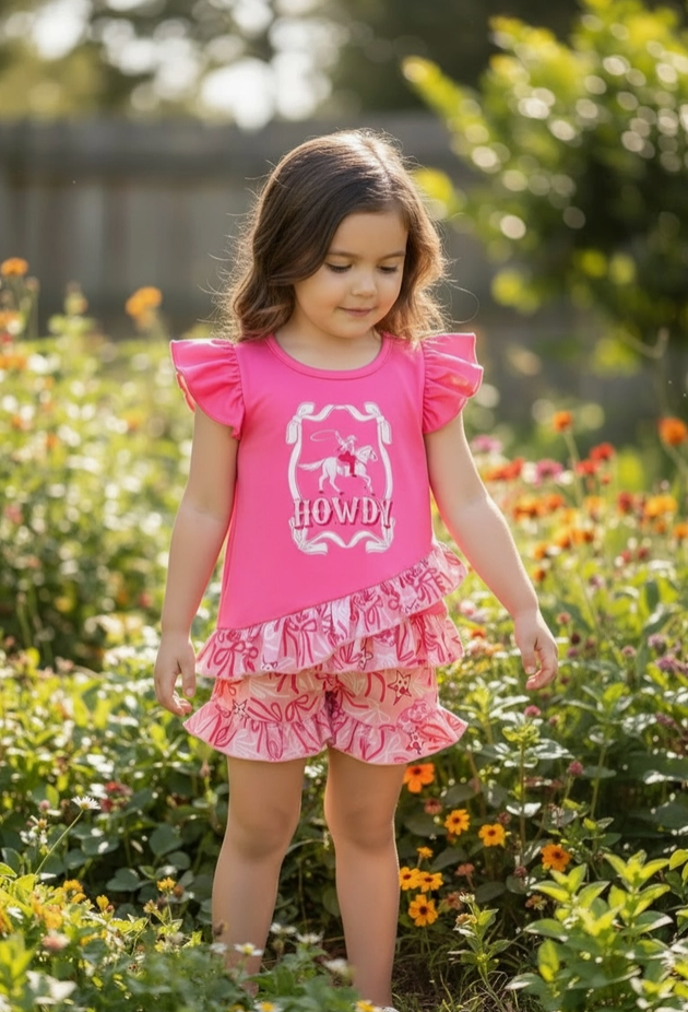 Pink Howdy Cute Ruffle Top & Coquette Bow Shorts