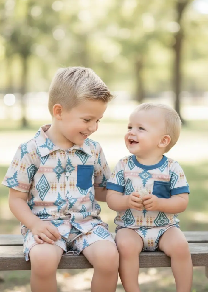 Boys Teal Aztec Printed Cream Button-Up Shirt and Shorts Set